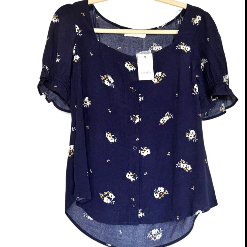 Elodie NWT Navy Floral Flutter Sleeve Button Top Cottagecore Boho Work Teacher